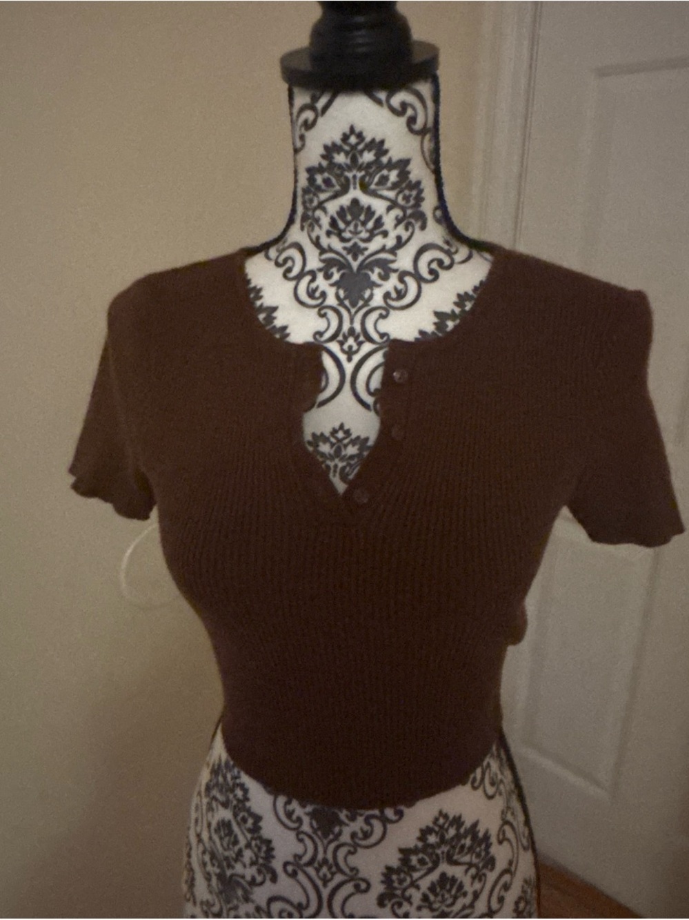 Forever 21 Chocolate Brown Ribbed Henley Crop Top